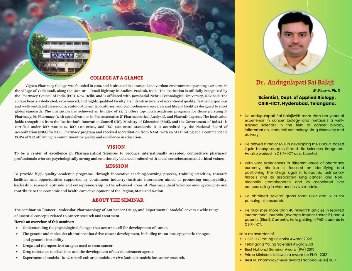 sowjypulipati's tweet image. Seminar on "Cancer: Molecular Pharmacology of Anticancer Drugs and Experimental Models"
Resource Person: Dr. A. Sai Balaji, Scientist, Department of Applied Biology, CSIR-IICT, Hyderabad. 
#vignanpharmacycollege #cancertreatment #ExperimentalModel #csir #iict