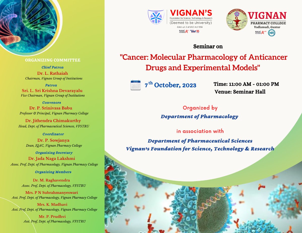 sowjypulipati's tweet image. Seminar on "Cancer: Molecular Pharmacology of Anticancer Drugs and Experimental Models"
Resource Person: Dr. A. Sai Balaji, Scientist, Department of Applied Biology, CSIR-IICT, Hyderabad. 
#vignanpharmacycollege #cancertreatment #ExperimentalModel #csir #iict