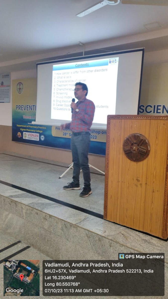 sowjypulipati's tweet image. Seminar on "Cancer: Molecular Pharmacology of Anticancer Drugs and Experimental Models"
Resource Person: Dr. A. Sai Balaji, Scientist, Department of Applied Biology, CSIR-IICT, Hyderabad. 
#vignanpharmacycollege #cancertreatment #ExperimentalModel #csir #iict