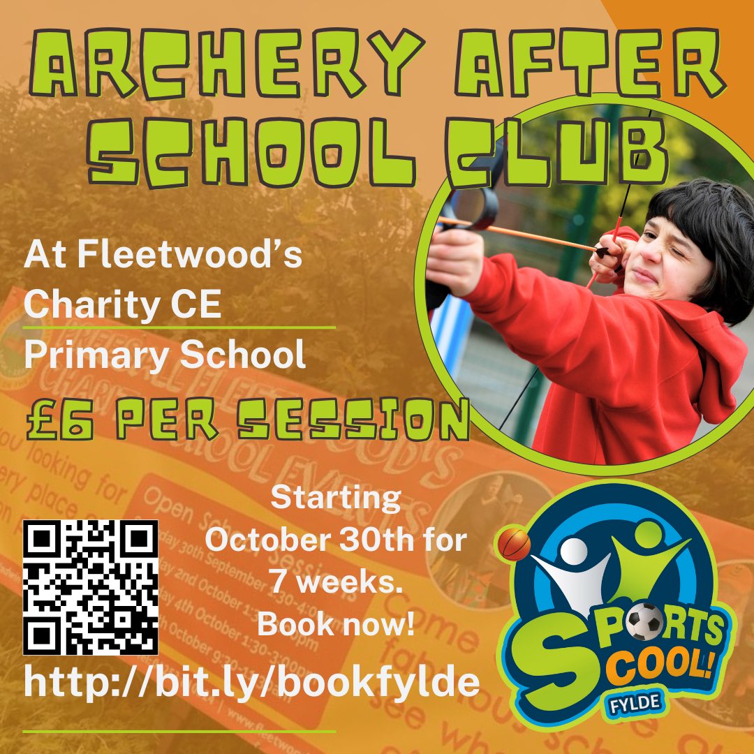 SportsCoolFylde's tweet photo. KS2 Archery After School Club at Fleetwood’s Charity CE Primary starting 30th October 3.30-4.30. Book now - https://t.co/CG8t2WouZF. Places filling fast. #sportscoolfylde #sportscool #educate #motivate #participate #playtheirway #thisgirlcan #getkidsactive https://t.co/JtpE3G6EVG