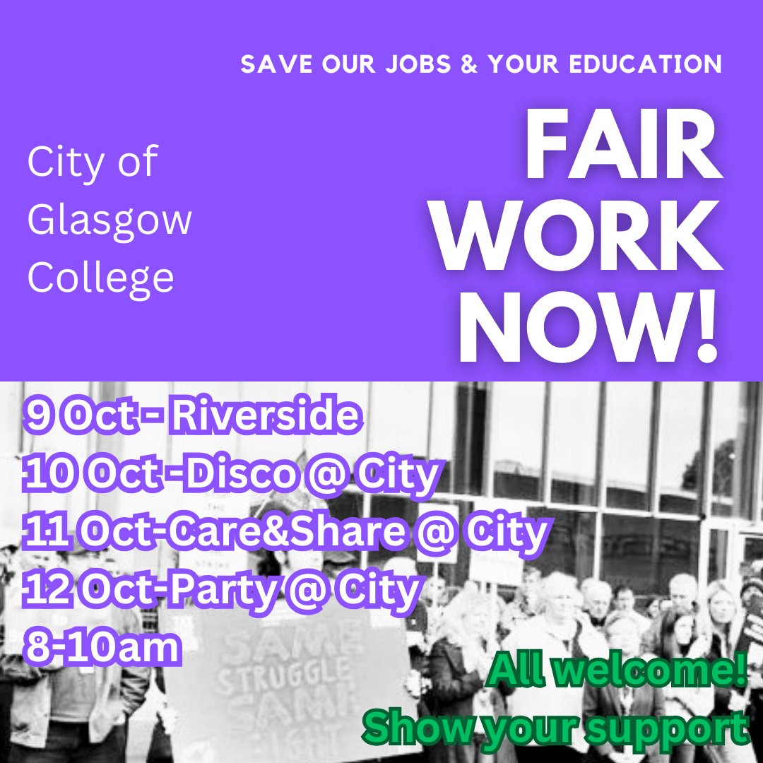 We're heading in to Week 11 of Strike action at City of Glasgow College! Come show your support!!
#FairWork