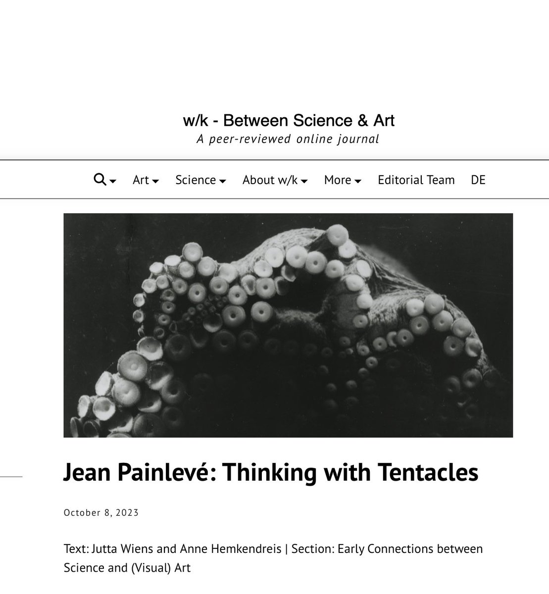 AHemkendreis's tweet image. During my last seminar, I helped my students transform their essays to peer-reviewed articles, thus getting familiar with challenges of Open Sciences. This is the impressive result by Jutta Wiens: between-science-and-art.com/jean-painleve-…
🐙
#environmentalarthistory #openscience #academicteaching