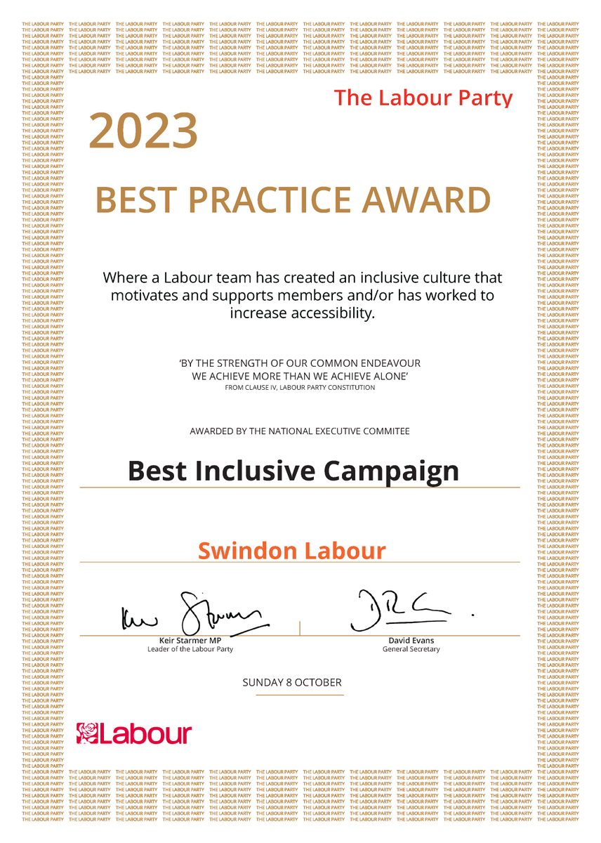 🏅 And last but not least, we have the winner of the #Lab23 Best Practice Award for Best Inclusive Campaign. Congratulations <a href="/LabourSwindon/">Swindon Labour Councillors</a> for being so welcoming to volunteers in your campaign to win Swindon in May.