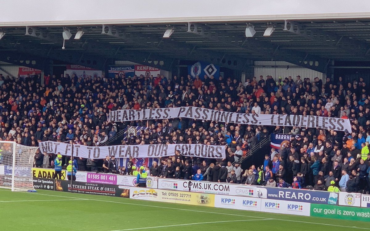 Strong message from Rangers fans to their players as they take on unbeaten St Mirren this afternoon:

Heartless, Passionless, Leaderless:

Not fit to wear our colours