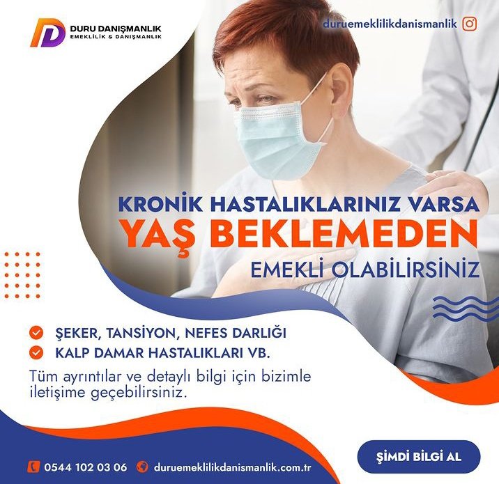 Kronik hastalıklarınız varsa yaş beklemeden emekli olabilirsiniz...

✔️Şeker , tansiyon, nefes darlığı 
✔️Kalp damar hastalıkları vb. 

Ayrıntılı bilgi için arayın : 0544 102 03 06 
#emeklilik #Emekli #emekliolunca 
#eyt #sigorta #EmekliyeEkimdeZAM