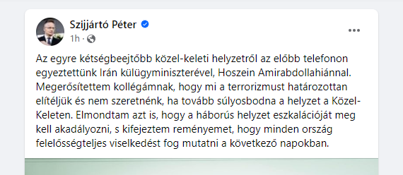 liliebayer's tweet photo. Hungarian foreign minister Szijjártó spoke with .... Iran's foreign minister. 

Hungary wants escalation in the Middle East to be prevented, he said. https://t.co/hoghddCCLr