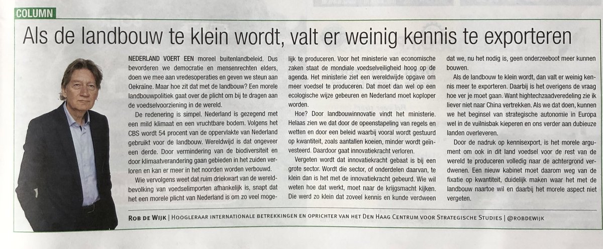 Innovatiekracht in de landbouw gaat verloren door slecht overheidsbeleid stelt <a href="/robdewijk/">rob de wijk</a> in <a href="/nieuweoogstnl/">Nieuwe Oogst</a> 
Hij verwijst naar defensie als voorbeeld van ‘kleingemaakte sector’ waar ook de slagkracht verdwenen is.