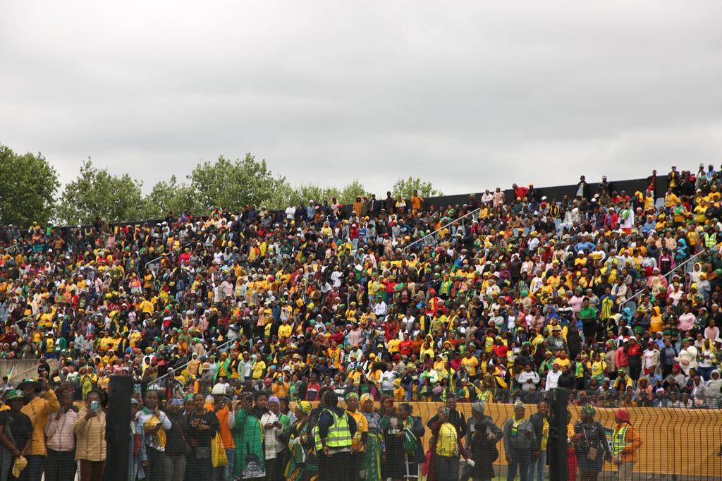 MYANC's tweet photo. ANC KZN Deputy Chair Comrade Nomagugu Simelane leads the electrifying 2019 ANC Manifesto Review Rally at Harry Gwala Stadium, Pietermaritzburg. Joined by ANC members from across KZN, featuring address by ANC SG Comrade Fikile Mbalula. #ANCReview #ANCAtWork https://t.co/wRrWvzbtHG