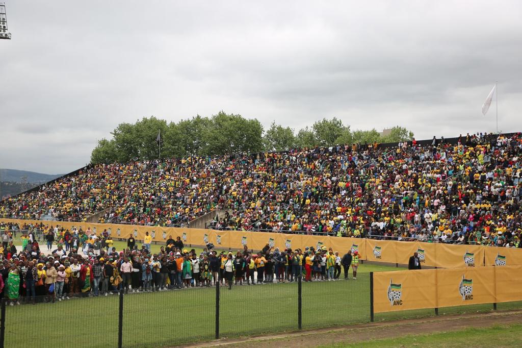MYANC's tweet photo. ANC KZN Deputy Chair Comrade Nomagugu Simelane leads the electrifying 2019 ANC Manifesto Review Rally at Harry Gwala Stadium, Pietermaritzburg. Joined by ANC members from across KZN, featuring address by ANC SG Comrade Fikile Mbalula. #ANCReview #ANCAtWork https://t.co/wRrWvzbtHG