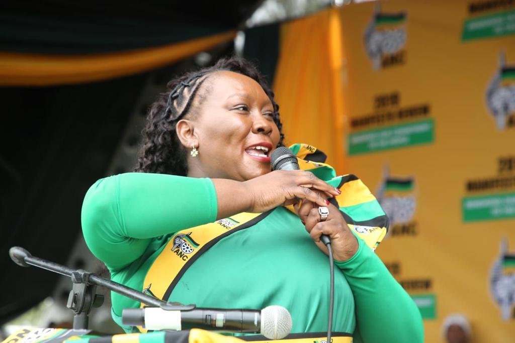 MYANC's tweet photo. ANC KZN Deputy Chair Comrade Nomagugu Simelane leads the electrifying 2019 ANC Manifesto Review Rally at Harry Gwala Stadium, Pietermaritzburg. Joined by ANC members from across KZN, featuring address by ANC SG Comrade Fikile Mbalula. #ANCReview #ANCAtWork https://t.co/wRrWvzbtHG