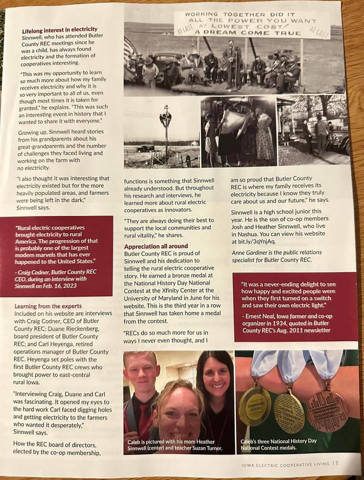 Hot off the press — Iowa Electric Cooperative Living magazine has a 2-page feature article about junior Caleb Sinnwell’s 2023 award-winning National History Day project on rural electrification! #HuskyNProud