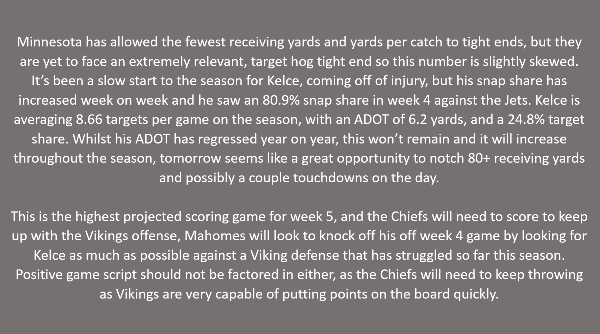 Hugo_Bets's tweet photo. 🏈WEEK 5 NFL BEST BET🏈
2U - TRAVIS KELCE O75.5 Receiving Yards

Write up below ✍️

#NFL #PlayerPropBets #PlayerProp #NFLPicks #NFLDFS #NFLBets #NFLPlayerProp #TravisKelce #ChiefsKingdom https://t.co/6RPNapy3U9