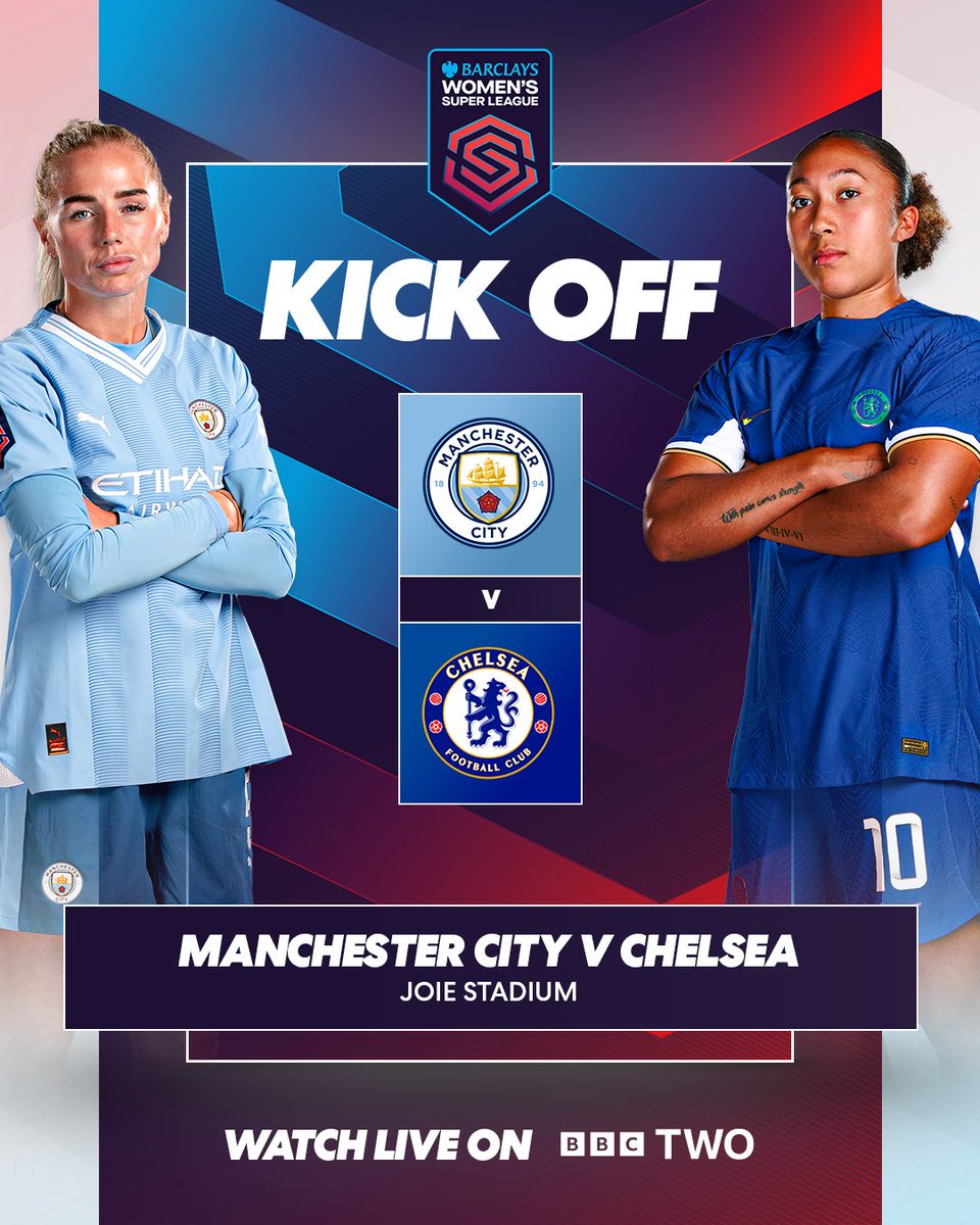 BarclaysWSL's tweet photo. Here we go! 💪

@ManCityWomen 🆚 @ChelseaFCW

Live on @BBCTwo 📺 https://t.co/DcygyezaJH