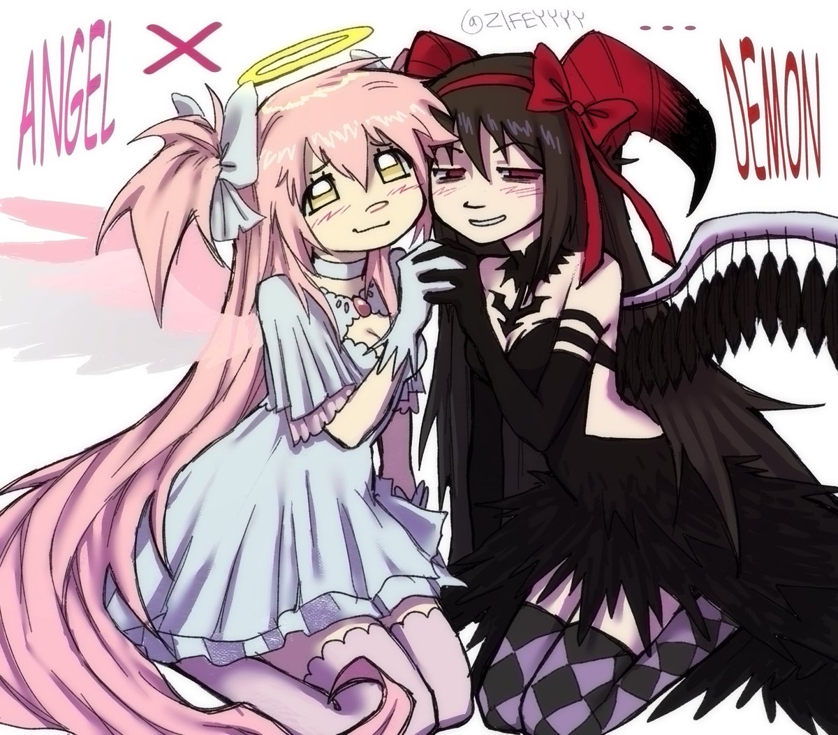 #cringetober day 4: angel x demon in this situation it’s more like goddess x devil but same thingggg :P #madokamagica