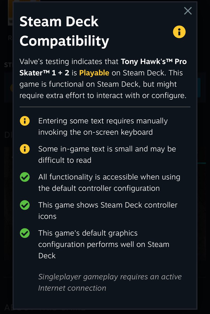 CapBoom's tweet photo. @lawrenceyang @OnDeck @valvesoftware can you please update the verified requirements so that a single player game that needs an Internet connection to play like Tony Hawks Remastered at least has a yellow warning symbol highlighting this anti-consumer skullduggery? 🖕🏻@Activision https://t.co/KCQtmtOGLf