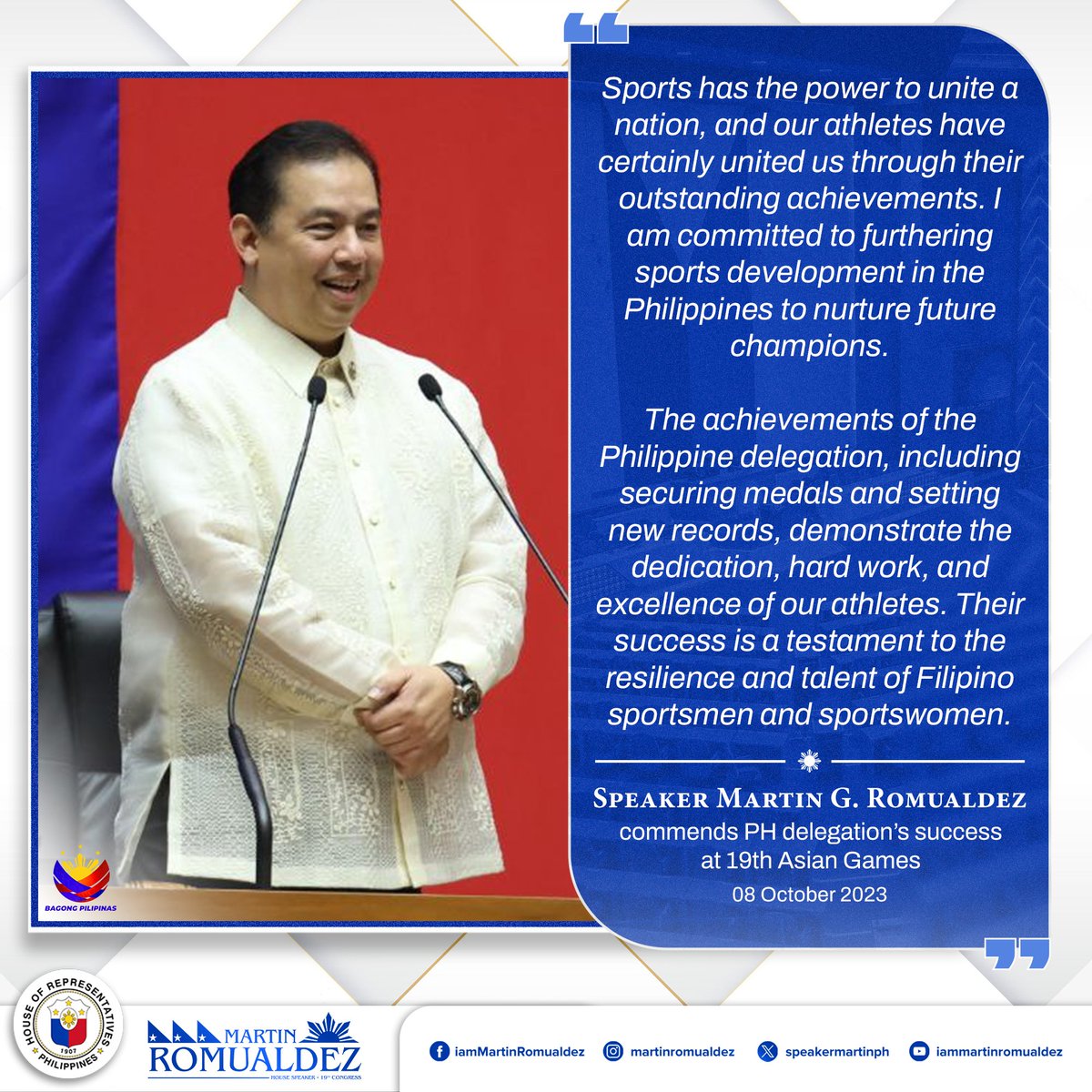 SpeakerMartinPH's tweet photo. Watch video:
https://t.co/qxodJAY3SF

#AtletangPilipino #AsianGames2023 #LabanPilipinas #MartinRomualdez #19thCongress #LiderNgKongreso https://t.co/Qc3RR1OU2C
