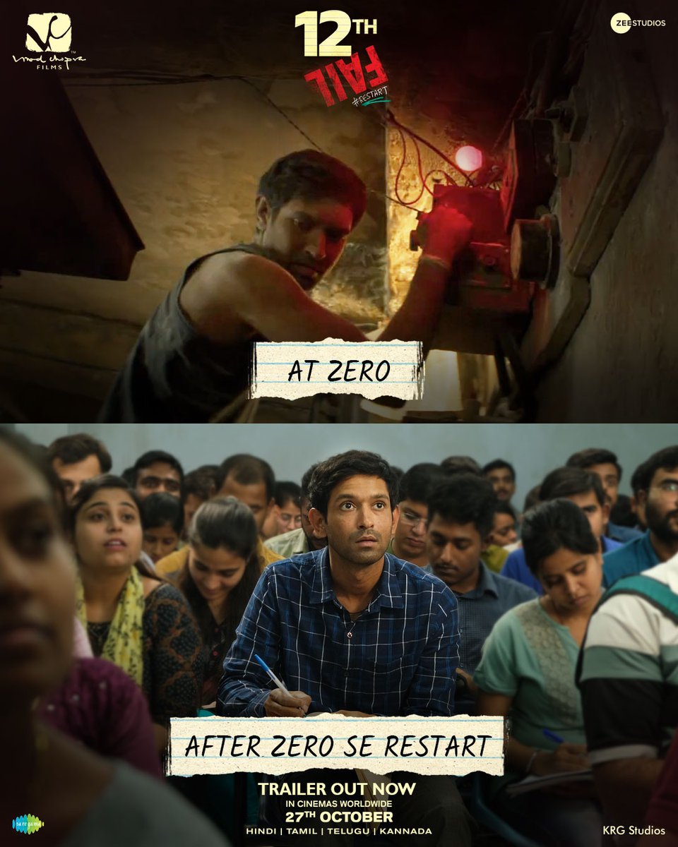 KRG_Studios's tweet photo. After hitting #Restart, every step forward is a victory over challenges.
Watch #12thFail in cinemas on 27th October - inspired by a million true stories.
#12thFailTrailer out now: https://t.co/FR78naY5bX
@VVCFilms @ZeeStudios_ @VikrantMassey @MedhaShankr @anantvijayjoshi @Anshumaanpushk1 #VikasDivyakirti #GeetaAgrawalSharma @theHarishKhanna @priyanshuchats @ShantanuMoitra @swanandkirkire @saregamaglobal @KRG_Studios
