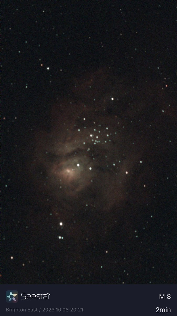 karlglazebrook's tweet image. This is literally my first picture with the Seestar S50 smart telescope (@BintelShop recommendation ) from my lawn. Lagoon Nebula. So good I thought it was the star atlas preview for a while.