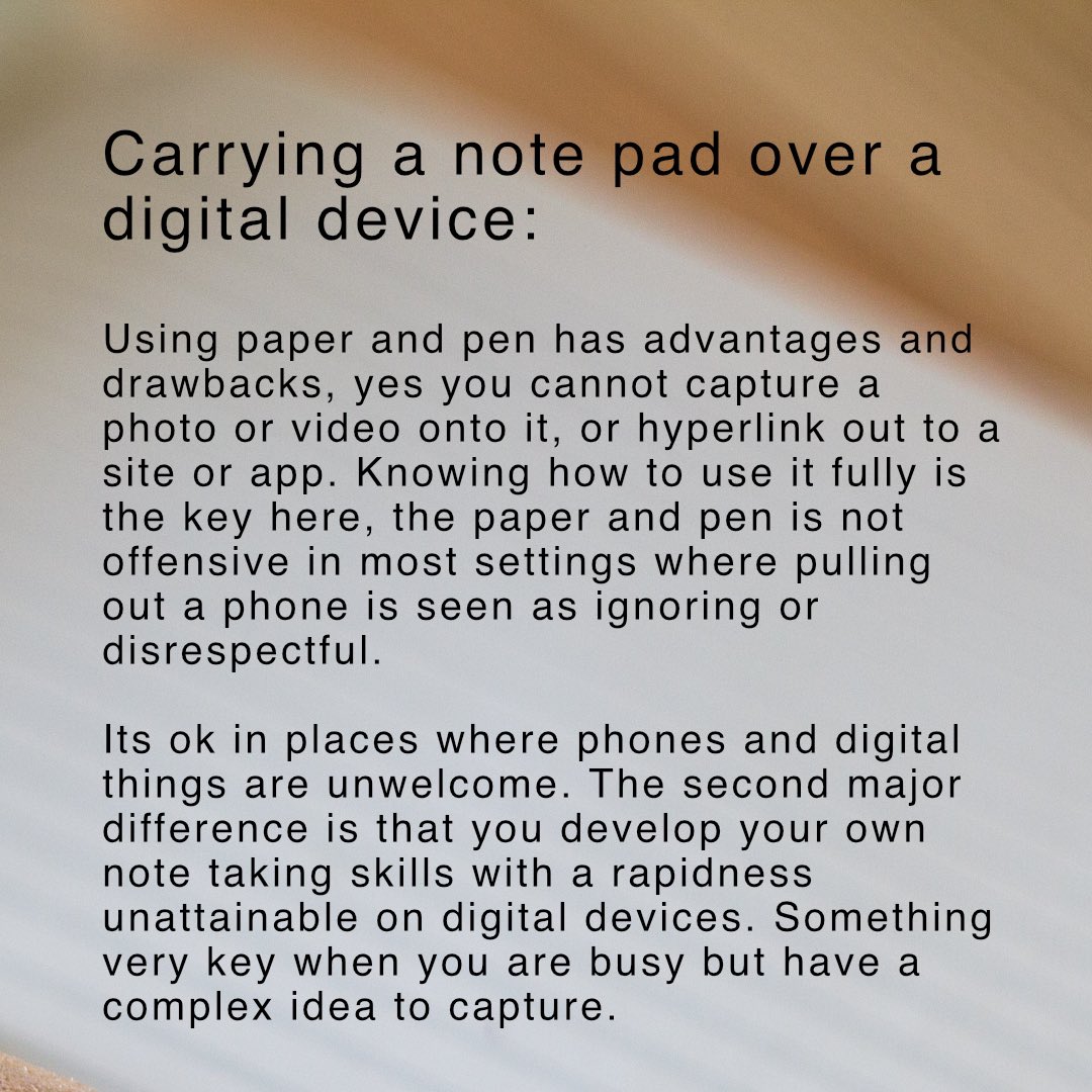 theneededbreak's tweet photo. Why this works
Choosing paper and pen over your devices.

1st, its welcome where devices just aren’t appropriate. 2nd, you develop your skills. Something very key when you are busy but have a complex idea to capture.

Photo Credit: angelina-litvin-K3uOmmlQmOo-unsplash https://t.co/c8D2QaFeCR