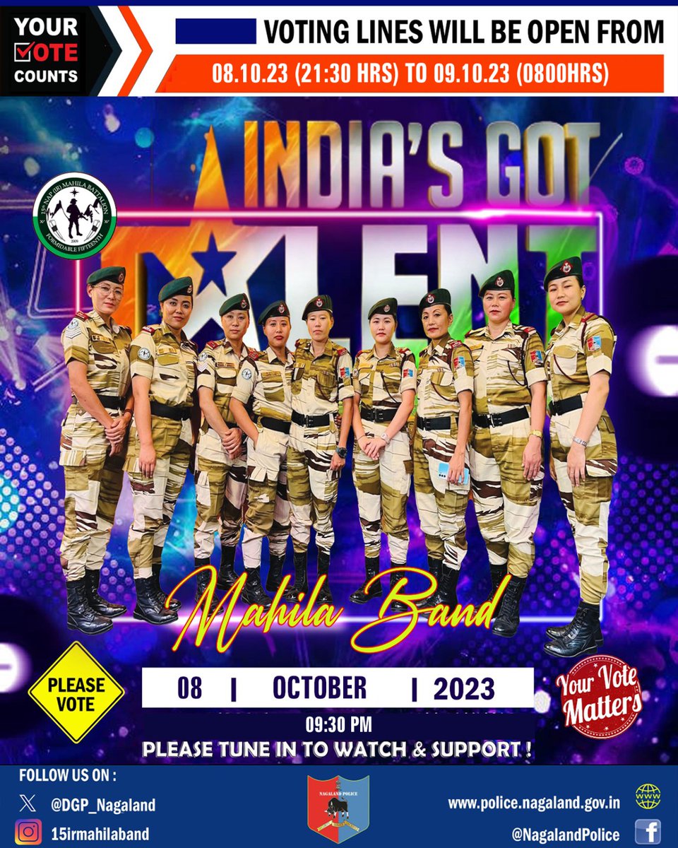 YanthungoPatton's tweet photo. Our #MahilaBand on #IndiasGotTalent have been delivering remarkable performances consistently, and each resonated with our heartbeats. Tonight, as the voting lines open at 9.30pm, let's cast our votes and express our collective applause for their dedication and talent. Every vote is a note in the symphony of their success.
@DGP_Nagaland @rupin1992