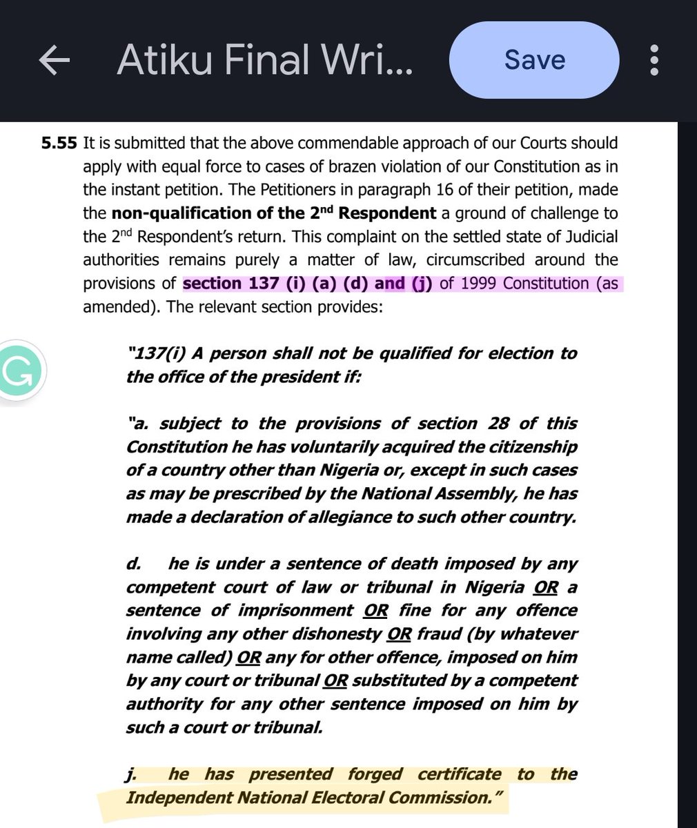 UkomahM's tweet photo. DID ATIKU BRING UP TINUBU'S FORGERY AT THE TRIBUNAL?

There have been barefaced lies that have been spreading that Atiku did not bring up the Disqualification of Bola Tinubu on the grounds of Certificate Forgery at the Tribunal.

I decided to debunk that farce. Here are extracts from Atiku's Final Written Address before the Tribunal where he argued unequivocally about the Forged CSU Certificate which Tinubu presented to INEC.

LOOK AT FRAME 3:
Tinubu had tried to change the issue to suit their narratives that it was a question WHETHER TINUBU ATTENDED CHICAGO STATE UNIVERSITY. Atiku intelligently argued against the mischief of Tinubu and redirected the minds of the court and the whole world that it is an issue of WHETHER TINUBU PRESENTED A FORGED CERTIFICATE TO INEC thereby being disqualified under Section 137(1)(j) of the 1999 Constitution.

Recall that the last witness (Enahoro-Ebah) Atiku called brought all the fireworks to the court where he tendered documents and testified to the forgery.

Atiku has filed a Motion to tender the Chicago State University Deposition I'm evidence before the Supreme Court... #AllEyesOnTheSupremeCourt

RETWEET MASSIVELY, POST ON WHATAPP, FACEBOOK, INSTAGRAM, TIKTOK AND OTHER PLACES TO DEBUNK THEIR LIES

#DisqualifyTinubuNow
#TinubuMustResignNow 
#ImpeachBolaTinubuNow 
#AllEyesOnTheJudiciary
#AllEyesOnTheSupremeCourt
#WeWillRevoltAgainstInjustice 
#AllEyesOnJusticeAriwoola