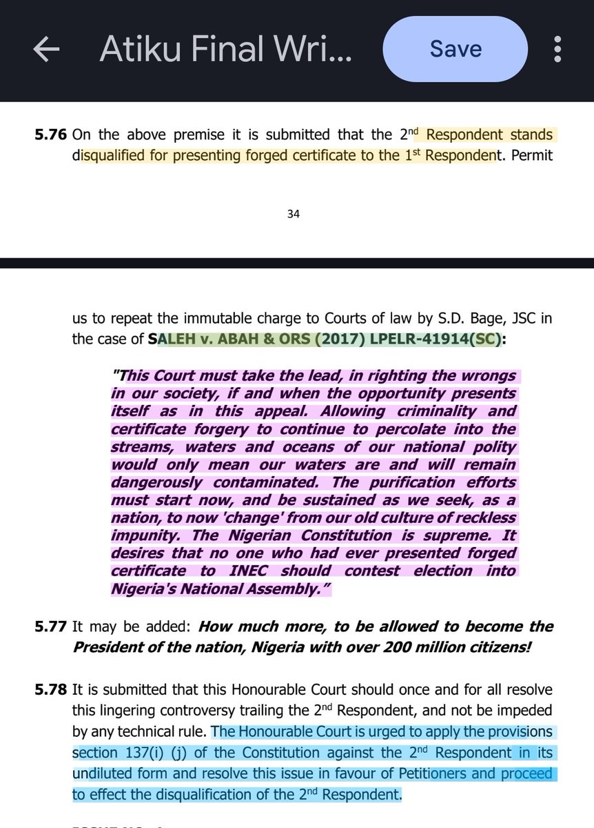 UkomahM's tweet photo. DID ATIKU BRING UP TINUBU'S FORGERY AT THE TRIBUNAL?

There have been barefaced lies that have been spreading that Atiku did not bring up the Disqualification of Bola Tinubu on the grounds of Certificate Forgery at the Tribunal.

I decided to debunk that farce. Here are extracts from Atiku's Final Written Address before the Tribunal where he argued unequivocally about the Forged CSU Certificate which Tinubu presented to INEC.

LOOK AT FRAME 3:
Tinubu had tried to change the issue to suit their narratives that it was a question WHETHER TINUBU ATTENDED CHICAGO STATE UNIVERSITY. Atiku intelligently argued against the mischief of Tinubu and redirected the minds of the court and the whole world that it is an issue of WHETHER TINUBU PRESENTED A FORGED CERTIFICATE TO INEC thereby being disqualified under Section 137(1)(j) of the 1999 Constitution.

Recall that the last witness (Enahoro-Ebah) Atiku called brought all the fireworks to the court where he tendered documents and testified to the forgery.

Atiku has filed a Motion to tender the Chicago State University Deposition I'm evidence before the Supreme Court... #AllEyesOnTheSupremeCourt

RETWEET MASSIVELY, POST ON WHATAPP, FACEBOOK, INSTAGRAM, TIKTOK AND OTHER PLACES TO DEBUNK THEIR LIES

#DisqualifyTinubuNow
#TinubuMustResignNow 
#ImpeachBolaTinubuNow 
#AllEyesOnTheJudiciary
#AllEyesOnTheSupremeCourt
#WeWillRevoltAgainstInjustice 
#AllEyesOnJusticeAriwoola