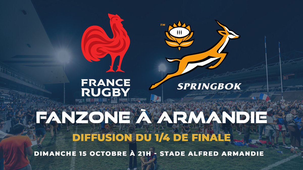 Le rendez-vous est pris ! 🇫🇷

<a href="/FranceRugby/">France Rugby</a> affrontera l'Afrique du Sud en quart de finale le 15 octobre à 21h ⚔️

Pour l'occasion, le Stade Armandie accueille une Fanzone !

On espère vivre une soirée encore plus INCROYABLE vos côtés 🤩

Le programme arrive très vite ! 🏉
