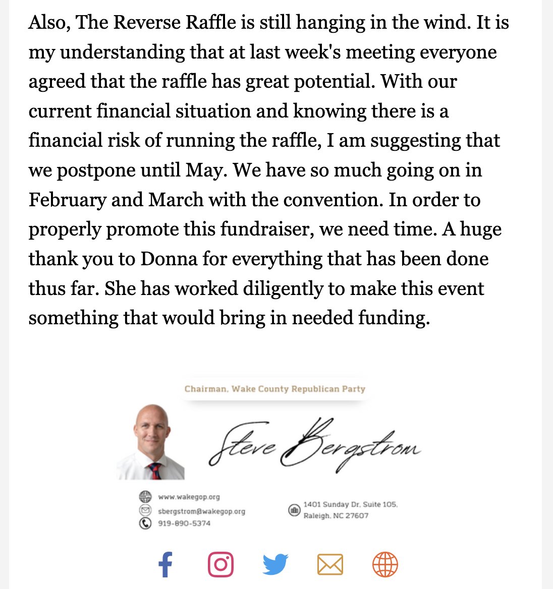 ForwardCarolina's tweet photo. Sounds like the @wakegop is in complete disarray.

They're broke. About to be evicted from their office. May bunk up with Cardinal GPS, a Republican consultancy (VERY dubiously legal). Not enough money in the coffers to fundraise.
https://t.co/jE90noJErL #ncpol https://t.co/IAid3JCU1q