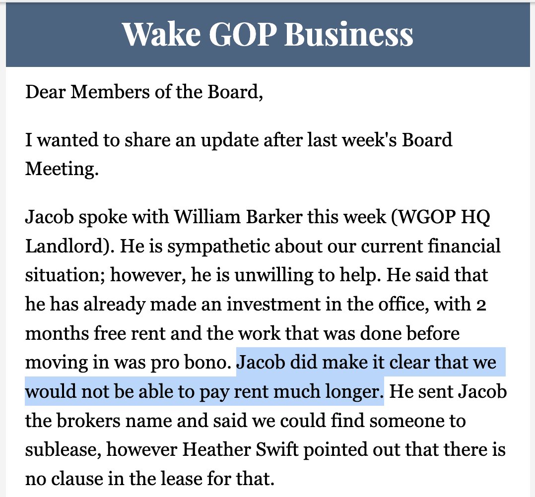 ForwardCarolina's tweet photo. Sounds like the @wakegop is in complete disarray.

They're broke. About to be evicted from their office. May bunk up with Cardinal GPS, a Republican consultancy (VERY dubiously legal). Not enough money in the coffers to fundraise.
https://t.co/jE90noJErL #ncpol https://t.co/IAid3JCU1q