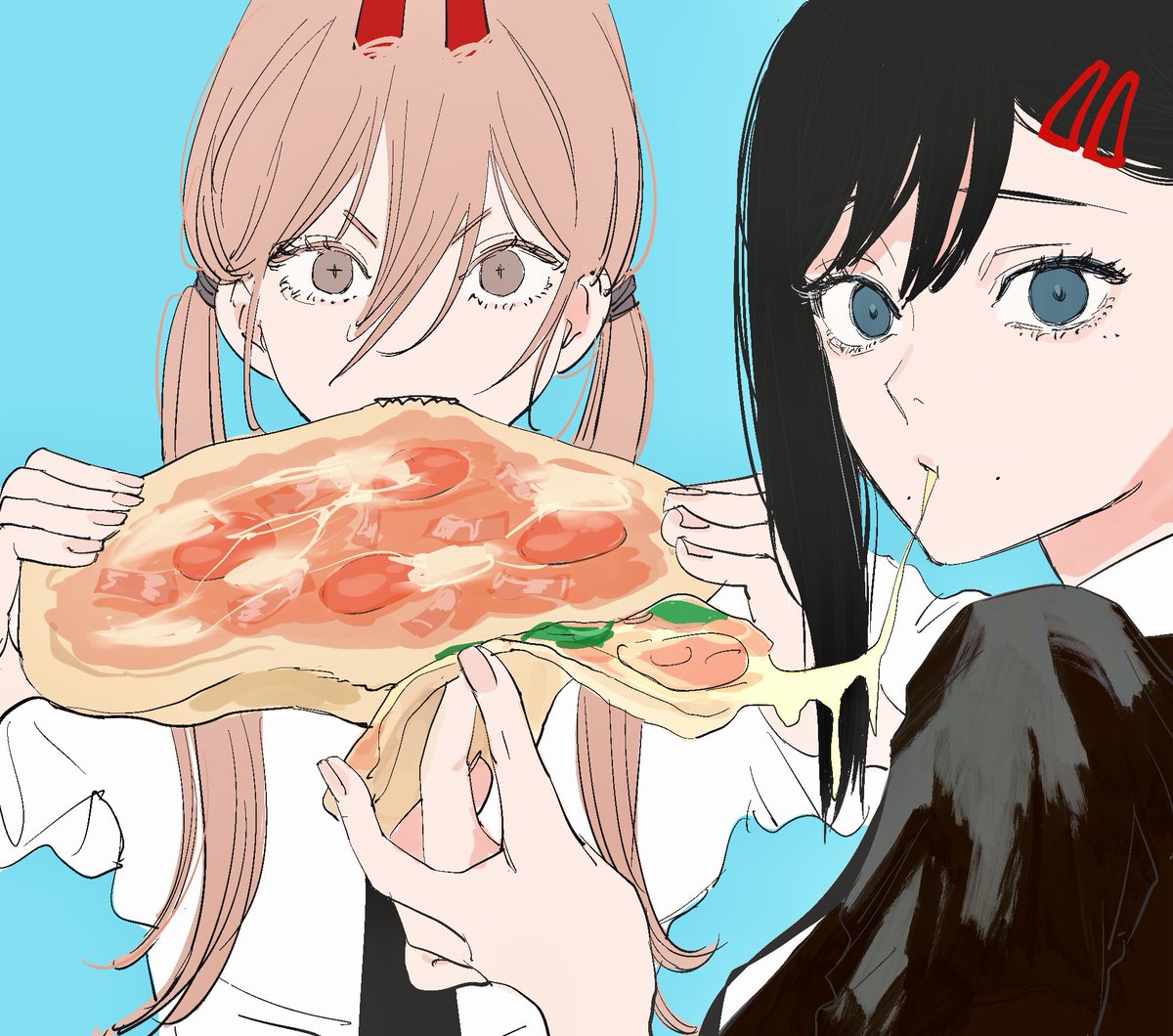 東山コベニ(チェンソーマン) ,パワー(チェンソーマン) 「Kobeni and Power eating pizza together!!」|Blárのイラスト