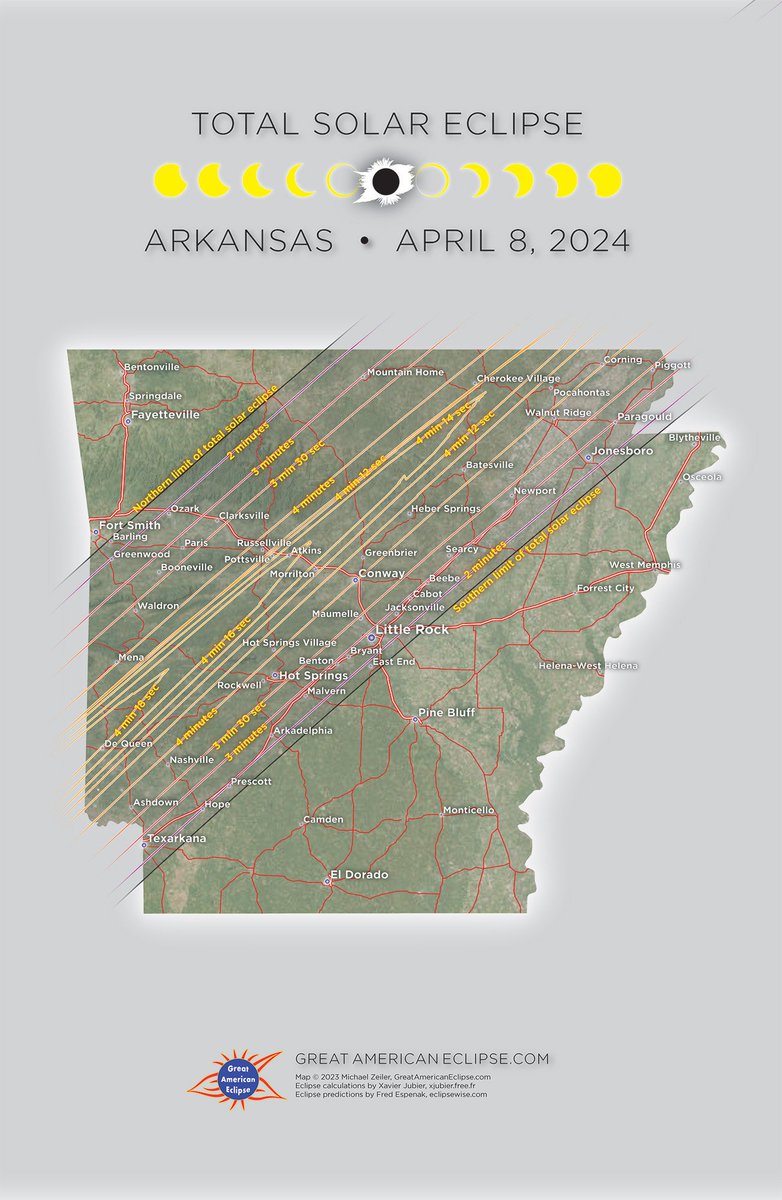 myARDOT's tweet photo. We are 6 months out from the 2024 Great American Eclipse! Arkansas is in the path of totality.

We will experience total darkness across much of our state. 

ARDOT is already preparing a traffic management and emergency plan for this unique event. 

https://t.co/0v3tCoY7wA https://t.co/GCxKeTVXY1