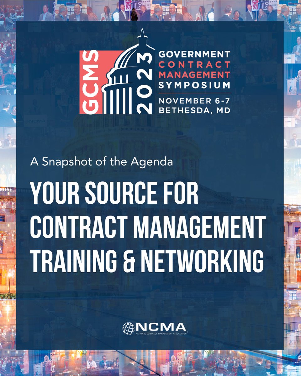 NCMA's tweet image. #GCMS2023 in Bethesda, MD, is the perfect place to hone your government contract management skills with sessions from thought leaders, networking opportunities and roundtable discussions. Join us on Nov 6-7 and register now. Early bird pricing ends 10/16. ncmahq.org/gcms