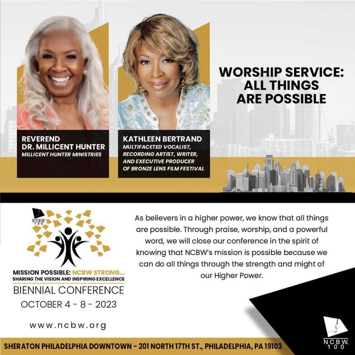 Today is the day that the lord has made! Welcome to Sunday worship service, where all things are possible, Reverend Dr. Millicent Hunter with Millicent Hunter Ministries will close out a successful NCBW Biennial Conference with words of inspiration. #NCBWSTRONG #MISSIONPOSSIBLE