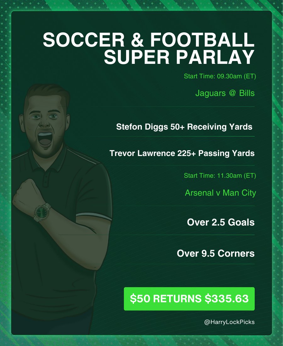 HarryLockPicks's tweet photo. ICYMI: Soccer 🫱🏽‍🫲🏼 Football

My Arsenal v Man City / Jags @ Bills Super Parlay!

Play it on Caesars and if it loses you get refunded as a bonus bet. 

Join 👉🏼 https://t.co/JFkVtXA1Md

21+ gamble responsibly, new customers https://t.co/Fwx1hFKpHF