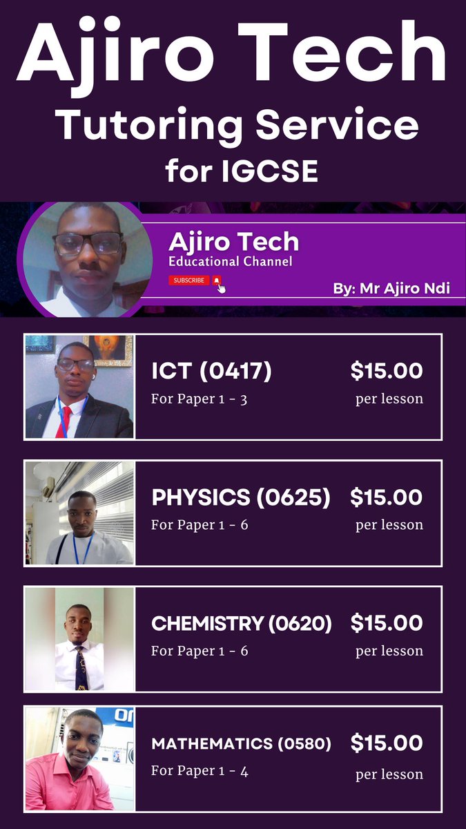 ajirotech's tweet image. Ajiro Tech is now offering personalized tuition for the following IGCSE Subjects: 
- ICT (0417) 
- Physics (0625) 
- Chemistry (0620) 
- Mathematics (0580)  
for $15 US dollars per lesson 
#igcseict #igcsephysics #igcsechemistry #igcsemathematics #igcse #Trending