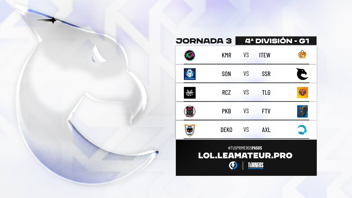 📅 Jornada 3
🏆4ª División - Grupo 1

<a href="/Kimera_eSports/">Kimera eSports Klub</a> vs <a href="/iTewEsports/">iTew</a> 
Song of Nunu descansa
@RccoonZ vs The Little Goat
<a href="/Pickbulls/">PickBulls</a> descansa
Deko Legacy vs <a href="/esports_axolotl/">Axolotl Esports</a> 

#TusPrimerosPasos lol.leamateur.pro