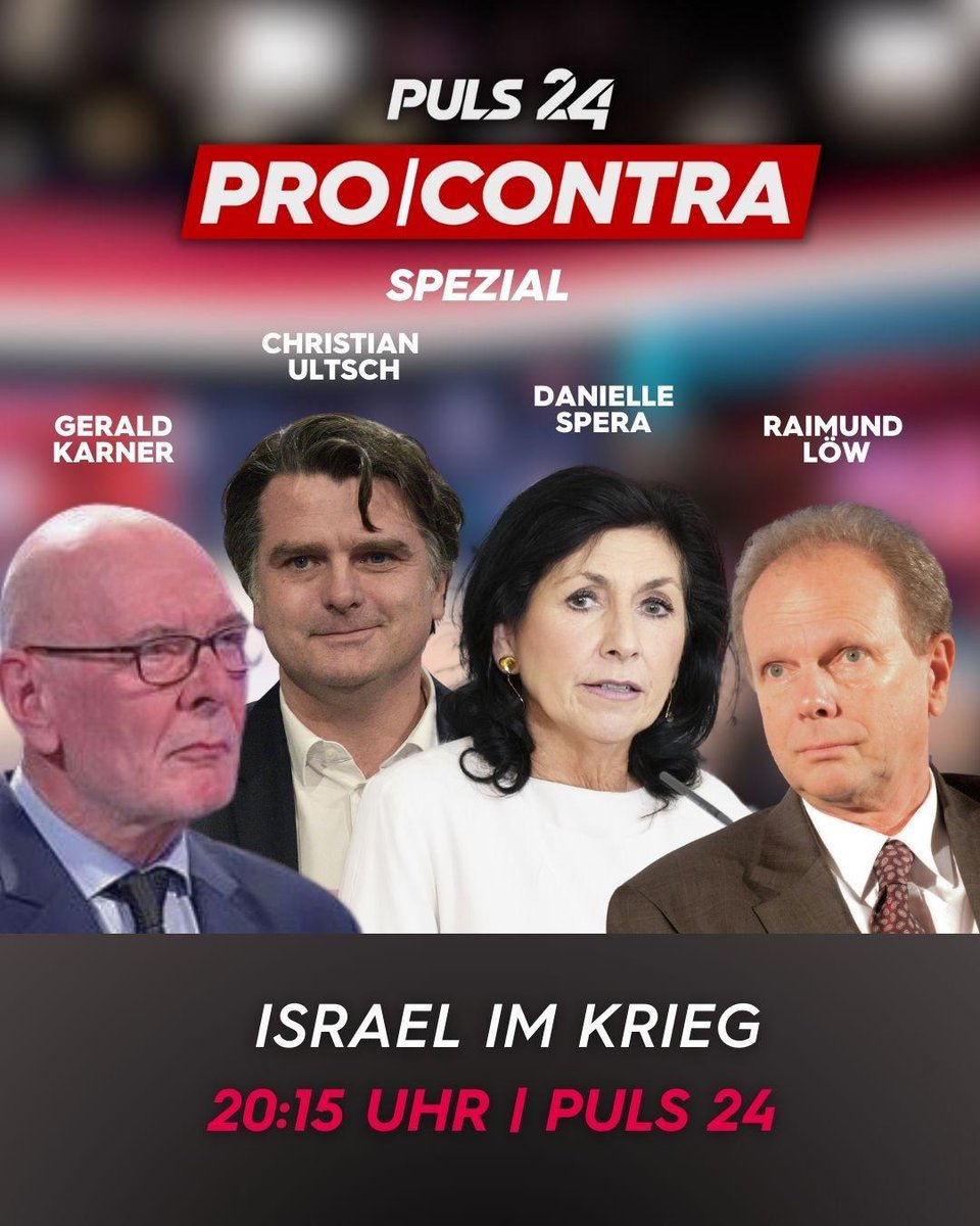 In einem "Pro und Contra Spezial" diskutieren Militärexperte 
<a href="/KarnerStrateg/">Gerald Karner</a>, "Presse"-Journalist <a href="/c_ultsch/">Christian Ultsch</a>, die ehemalige Direktorin des Jüdischen Museums Wien Danielle Spera und "Falter"-Journalist <a href="/RaimundLoew/">Raimund Löw - nun:@raimundloew.bsky.social.</a> über den Krieg in Israel.

📺 Heute, 20:15 Uhr auf #PULS24