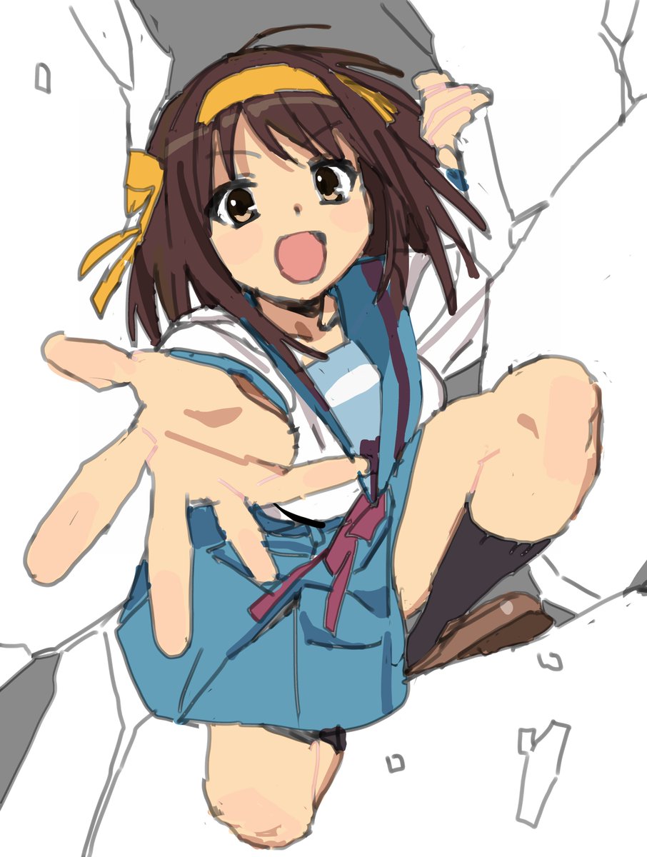 suzumiya haruhi 1girl kita high school uniform school uniform blue sailor collar sailor collar solo skirt  illustration images