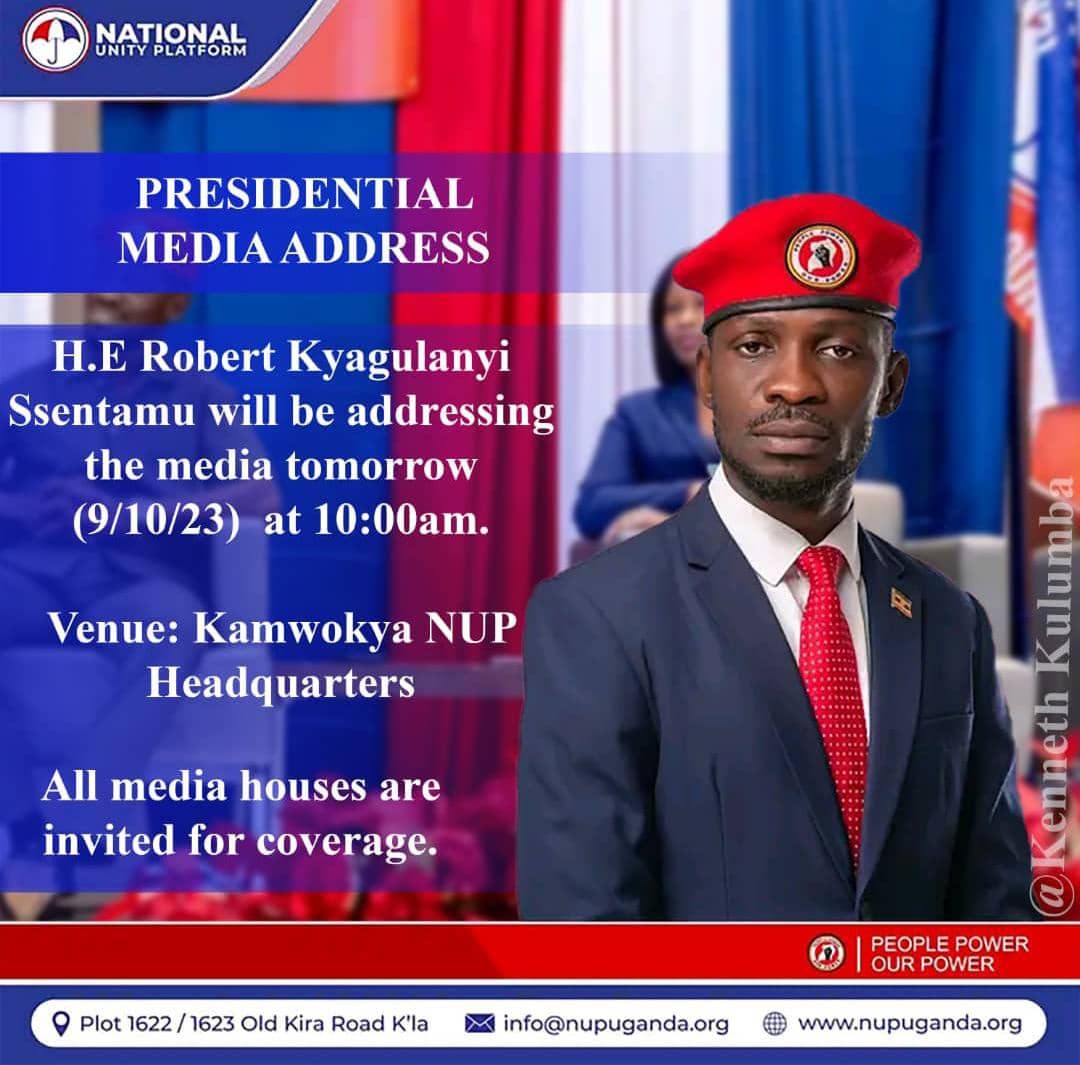 NyanziFredd's tweet image. Invitation to the presidential media address by H.E Robert Kyagulanyi S : Join us tomorrow, October 9, 2023, at 10:00 a.m. at Kamwokya NUP head offices. All media houses are invited for coverage. Fred Nyanzi Ssentamu-National Mobiliser NUP. #KungaKyagulanyiKunga #KungaUgandaKunga
