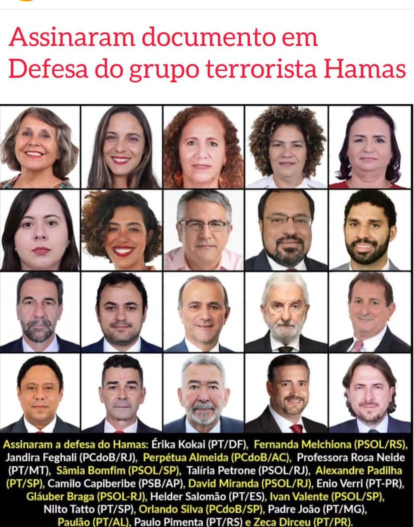 Amigos do grupo terrorista Hamas, esses políticos de esquerda tupiniquins são os mesmos que xingam de terroristas e antidemocráticos os injustamente condenados na estupidez de 8 de janeiro. Os  canhotos pró-terror islâmico são nazicomunofascistas - falsários do Estado de Direito