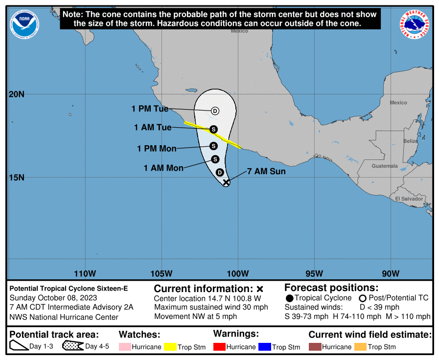 LimWeather's tweet photo. 30mph #PTC16E forecast to peak at at least 50mph #tropicalstormwatch in effect from #Acapulco to #PuntaSanTelmo, most of #guerrero and #michoacan
life threatening #Flooding and #Mudslides are likely
#Wxtwitter #Tropicswx #99E #Max #EP99 #Mexico #TropicalStorm #TropicalStormMax https://t.co/FmUdMinwli
