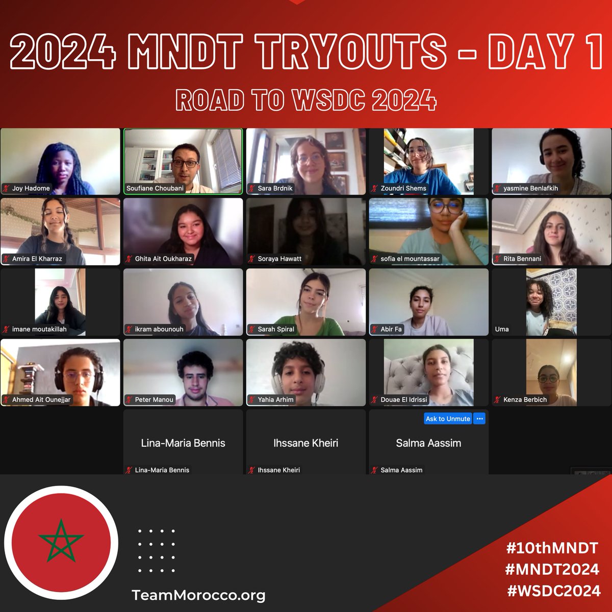 Just completed the first day of the 2024 MNDT trails with students from all over Morocco! We really enjoyed meeting you all and hope you’re all feeling excited and motivated to represent the 10th MNDT at the 2024 WSDC in Serbia!

#Road2WSDC2024 #WSDC2024 #WSDC2024
