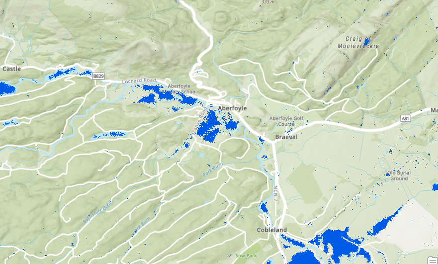 Based on the <a href="/SEPAFlood/">SEPAFlood</a> forecasts, on Friday we activated <a href="/DisastersChart/">Disasters Charter</a> and <a href="/CopernicusEMS/">Copernicus EMS</a> for flooding in Scotland. We're starting to get 🇨🇦 <a href="/csa_asc/">Canadian Space Agency</a> radarsat imagery coming through showing the extent of the flooding in Aberfoyle.