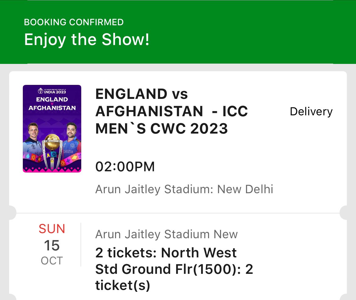 I have two tickets of England Vs Afghanistan CWC match. North West Stand Ground Floor. Not planning to attend and can sell. Please dm if interested. #cwc23tickets #engvsAfg #delhi #ticketsforsale