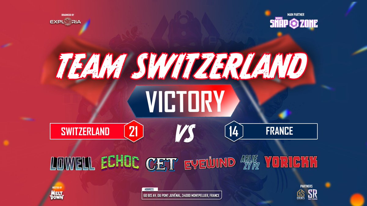 EXPLORiA (@exploriagg) on Twitter photo Yesterday <a href="/den_CCG/">den</a> and us organized our first ever <a href="/MARVELSNAP/">MARVEL SNAP</a> Invitational, in Montpellier.
featuring a huge 6🇨🇭vs 6 🇫🇷
🇨🇭🇨🇭Congrats <a href="/theAllianceGG/">Alliance</a> <a href="/Alliance_Lowell/">Lowell</a> <a href="/Echoc_MS/">Echoc</a> <a href="/DreamTeamCH/">Dream Team</a> @DT_Cet <a href="/EyeWind_WoN/">EyeWind</a> @elvetsGG <a href="/ArlieZyPz/">ELV | Arlie Zy Pz</a> <a href="/AopikXamax/">Aopik Xamax 🏔️❌</a> <a href="/Yorickk_CH/">Yorickk</a> for bringing it Yesterday <a href="/den_CCG/">den</a> and us organized our first ever <a href="/MARVELSNAP/">MARVEL SNAP</a> Invitational, in Montpellier.
featuring a huge 6🇨🇭vs 6 🇫🇷
🇨🇭🇨🇭Congrats <a href="/theAllianceGG/">Alliance</a> <a href="/Alliance_Lowell/">Lowell</a> <a href="/Echoc_MS/">Echoc</a> <a href="/DreamTeamCH/">Dream Team</a> @DT_Cet <a href="/EyeWind_WoN/">EyeWind</a> @elvetsGG <a href="/ArlieZyPz/">ELV | Arlie Zy Pz</a> <a href="/AopikXamax/">Aopik Xamax 🏔️❌</a> <a href="/Yorickk_CH/">Yorickk</a> for bringing it