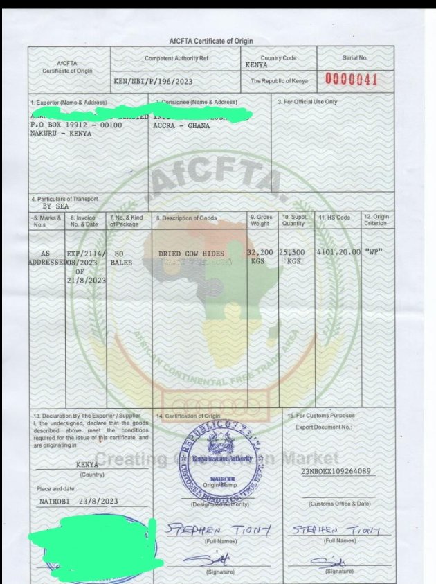 Billionair1w's tweet photo. Today I'm happy,my mentee in business,has exported his first consignment under the AfCFTA Guided trade. Through my friend he got export orders for hides to Ghana. In Kenya hides is used in leather sector,in west Africa it is food. I'll help more young Kenyans to export #AfCFTA https://t.co/IwpLfyPOad