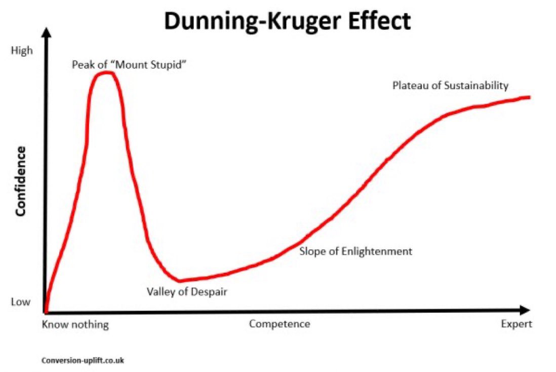 KateBour's tweet photo. Geeky Brain Fact 🧠

People often overestimate their knowledge (even you)

Unless you’re very experienced with a subject or skill, you don’t know what you don’t know

This trickery comes from the Dunning-Kruger effect

(Avoid the Peak of Mount Stupid) https://t.co/BqYqG4MMF1