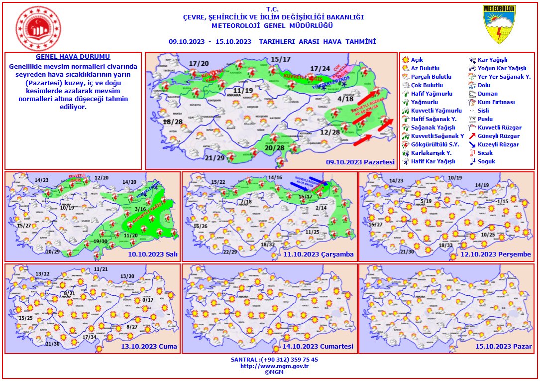 meteoroloji_twi's tweet photo. Haftalık Hava Tahmini
🗓️(9 - 15 Ekim 2023)
Genellikle mevsim normalleri civarında seyreden hava sıcaklıklarının yarın (Pazartesi) kuzey, iç ve doğu kesimlerde azalarak mevsim normalleri altına düşeceği tahmin ediliyor. https://t.co/V3un2LN2eg