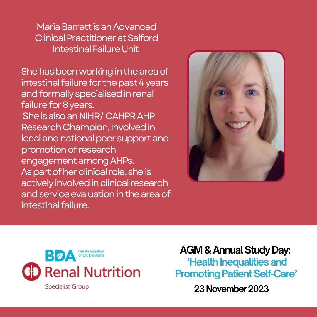 The RNG AGM and Annual Study Day is fast approaching!
⏰Thursday November 23rd

Don't forget to book your place here: bda.uk.com/events/calenda…

In the run-up to our event, we're excited to share and feature some information on our speakers. First to introduce - Maria Barrett!