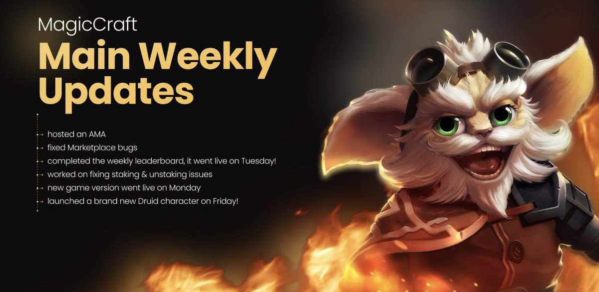 MagicCraftGame's tweet photo. Hey $MCRT fam, hope everyone is having a great weekend! 

Our accomplishments in the past week are quite impressive:
✅ released new game version
✅ hosted an AMA
✅ fixed Marketplace bugs
✅ completed weekly leaderboard
✅ worked on fixing staking issues
✅ released the Druid! https://t.co/45XC5SkdOD